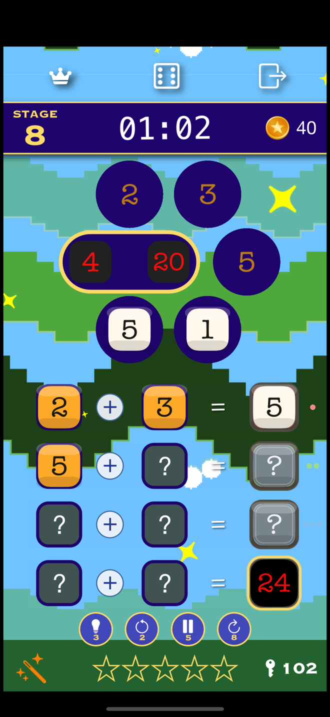 1行目に 2 + 3 = 5 を置いたところ。使った 2 と 3 が沈んでいる。