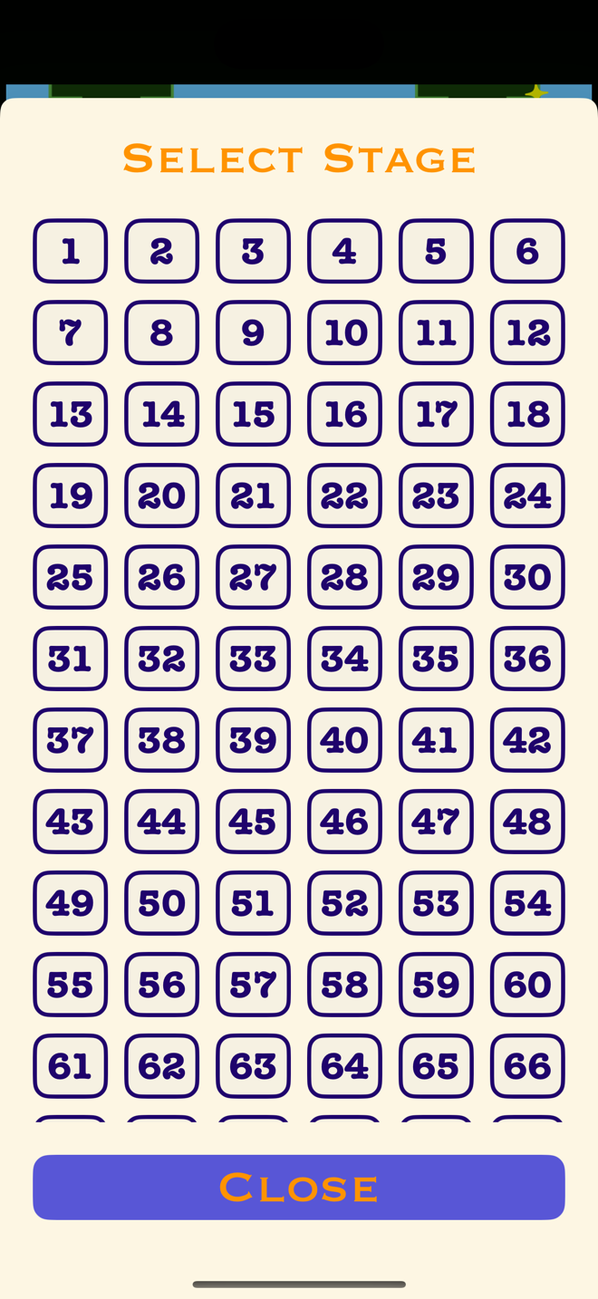ステージ選択の一覧。1 から 99 までが並んでいる。